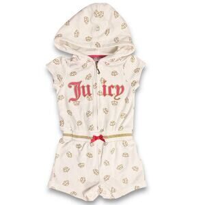 Y2K Juicy Couture Baby Hooded Romper Logo Princess Crowns Gold Pink 24m 2T Terry